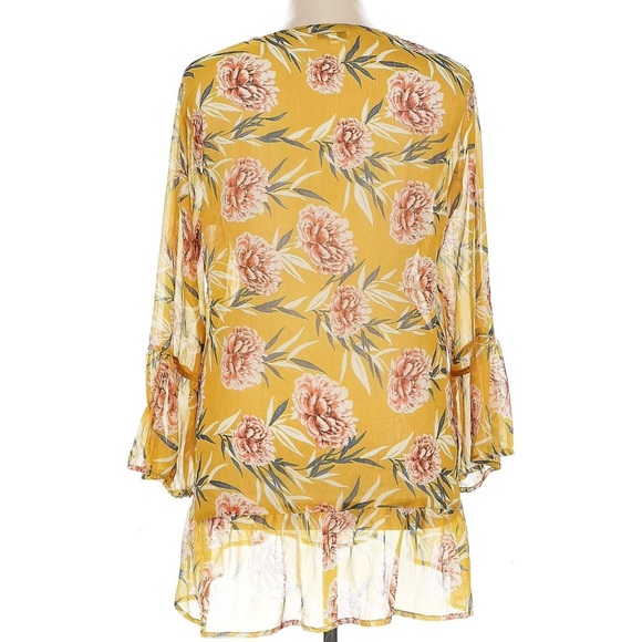 Crosstree Lane Mustard Floral Print Sheer Tunic Blouse Women’s Medium - Picture 7 of 13